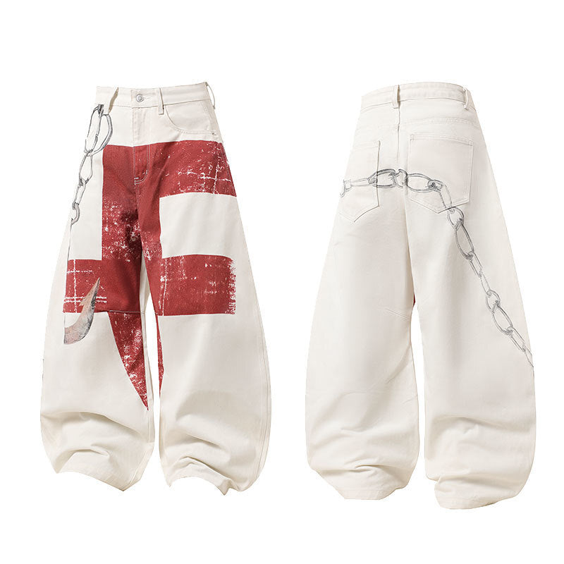 American Streetwear 3D Chain Curved-Cut Jeans
