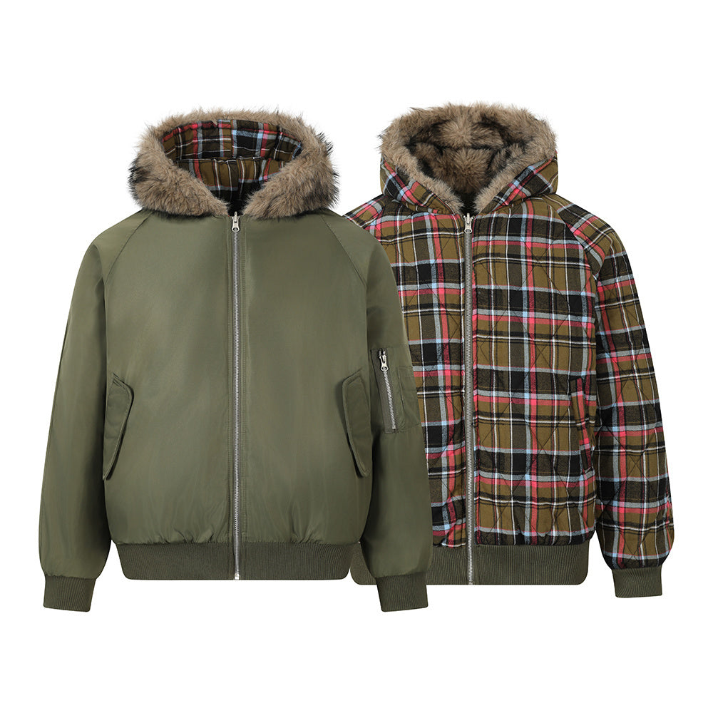 Vintage American Reversible Plaid Fur-Collar Padded Jacket