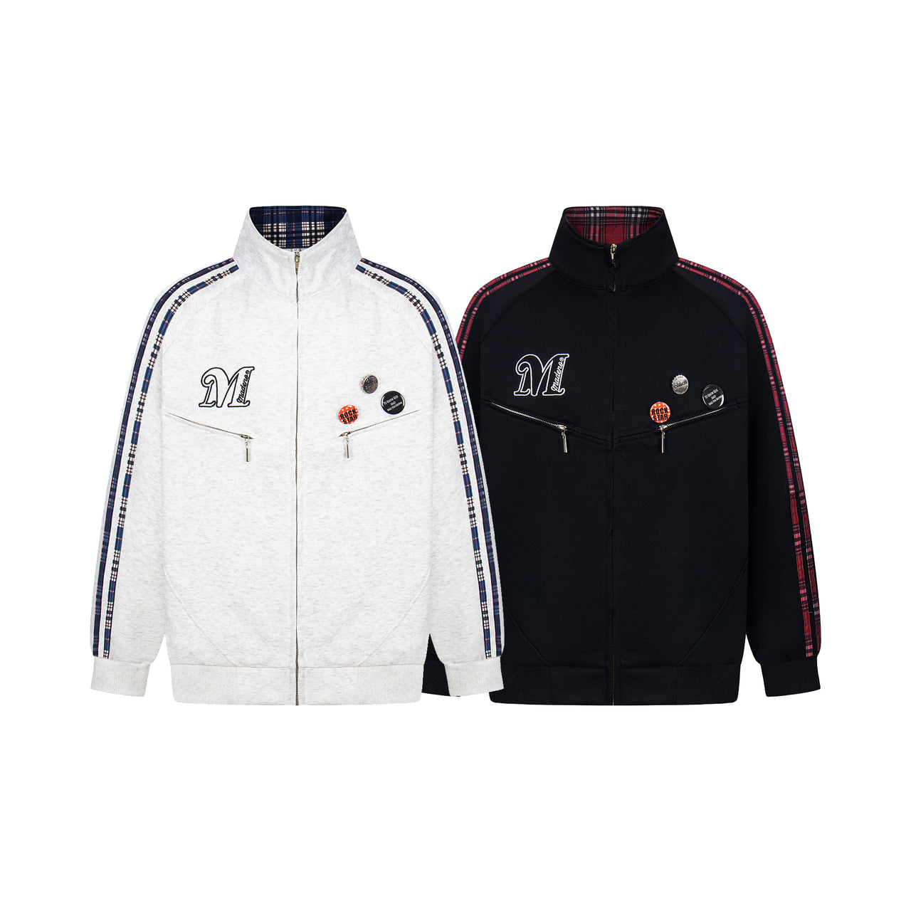 American Streetwear Patchwork Checkered Collar Zip-Up Jacket