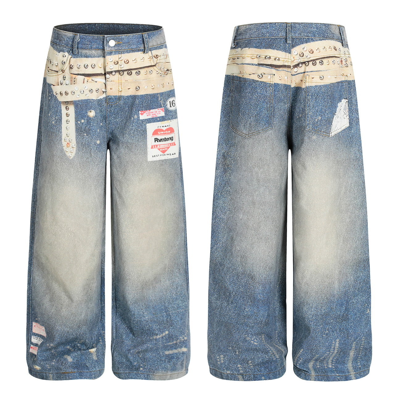 American Street Style Belted Graphic Jeans