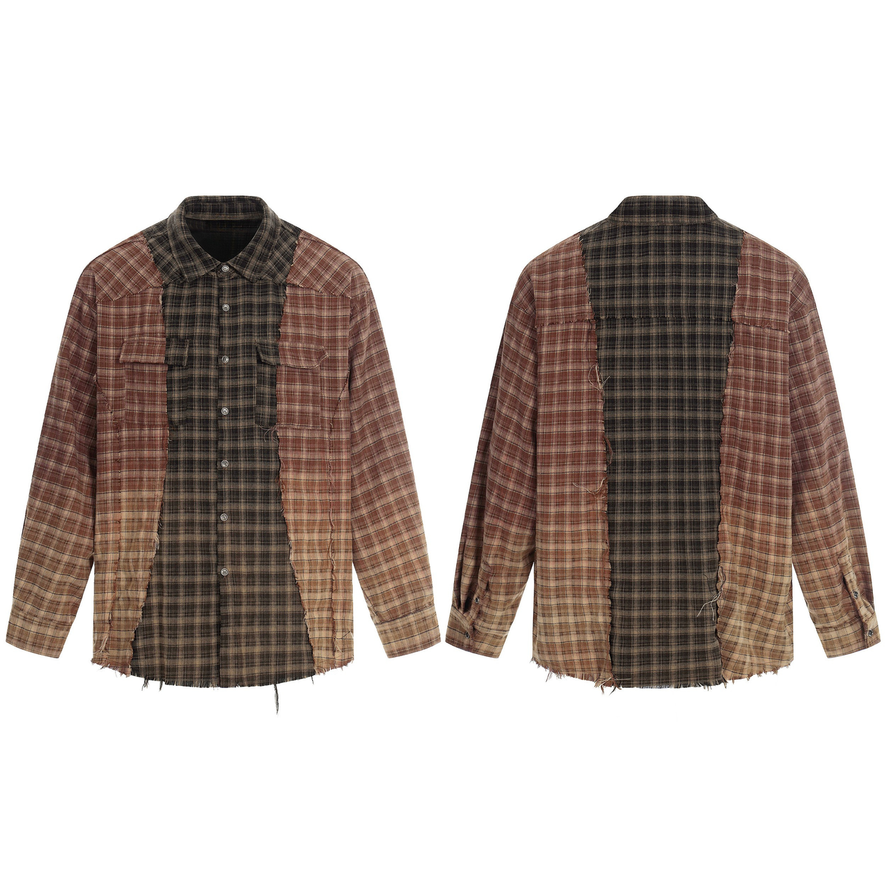 Omirad Patchwork Distressed Plaid Button-Up Shirt
