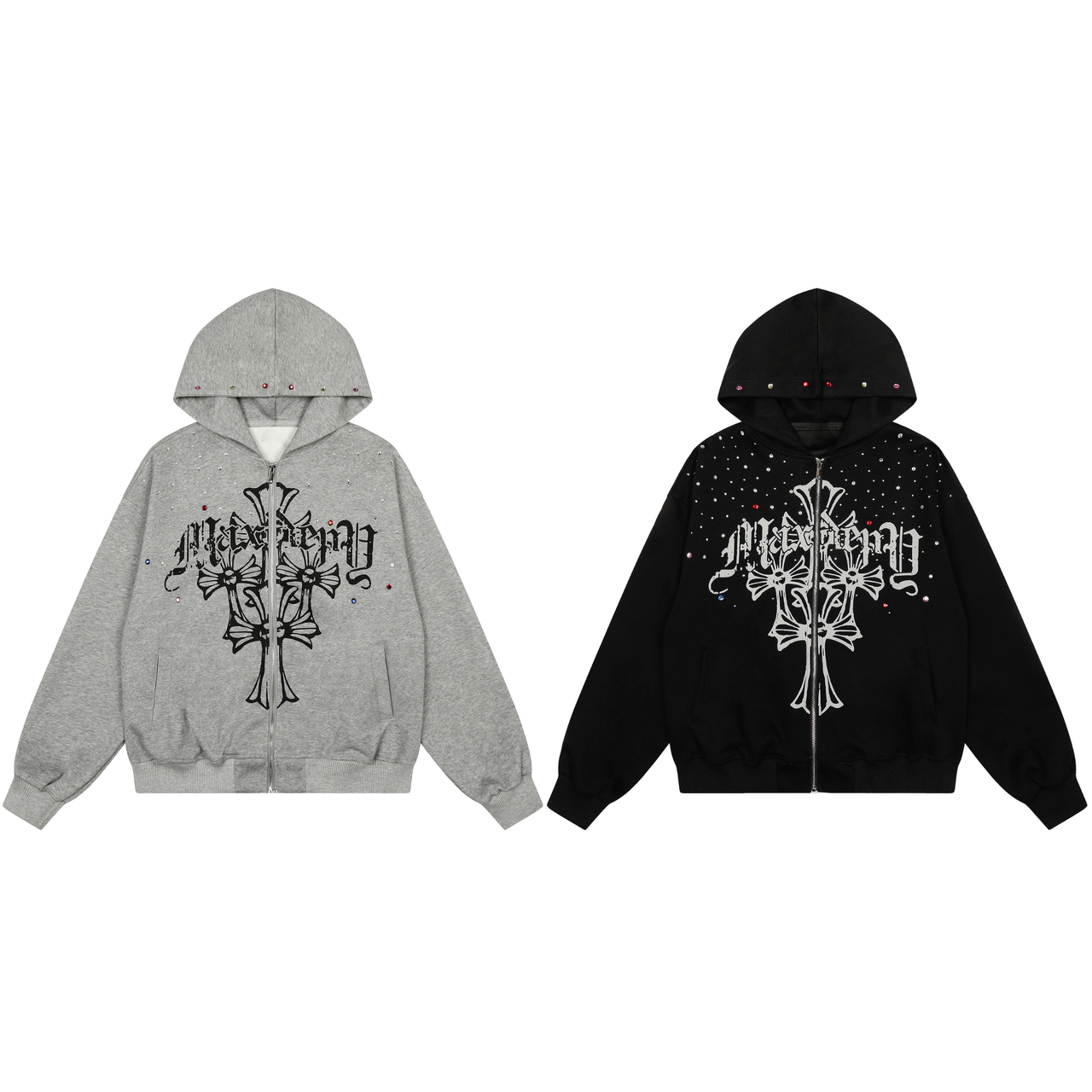 Omirad Rhinestone Cross Zip Hoodie
