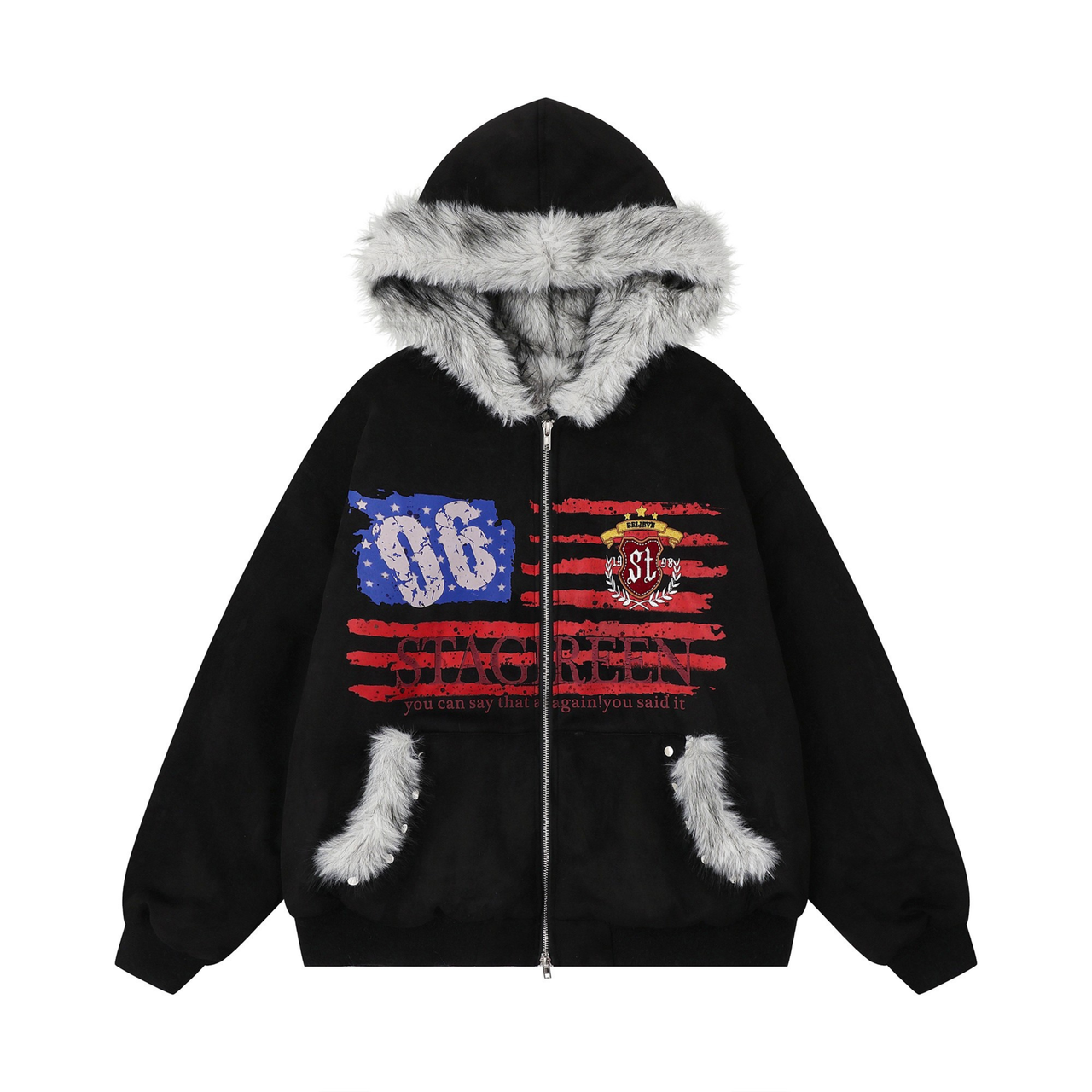 Omirad Flag Graphic Fur Hoodie Jacket