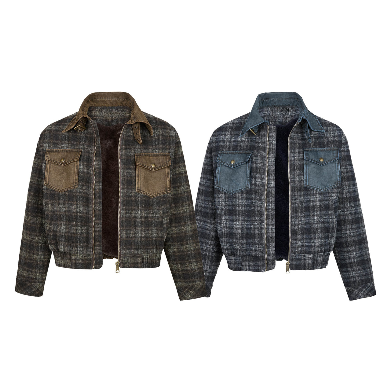 Omirad Plaid Denim-Pocket Zip Jacket