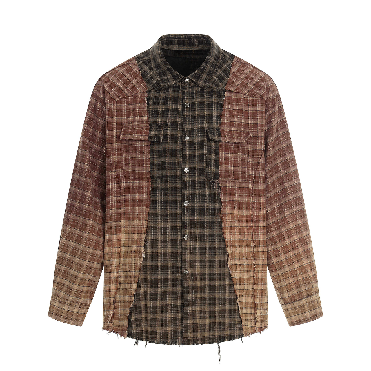 Omirad Patchwork Distressed Plaid Button-Up Shirt