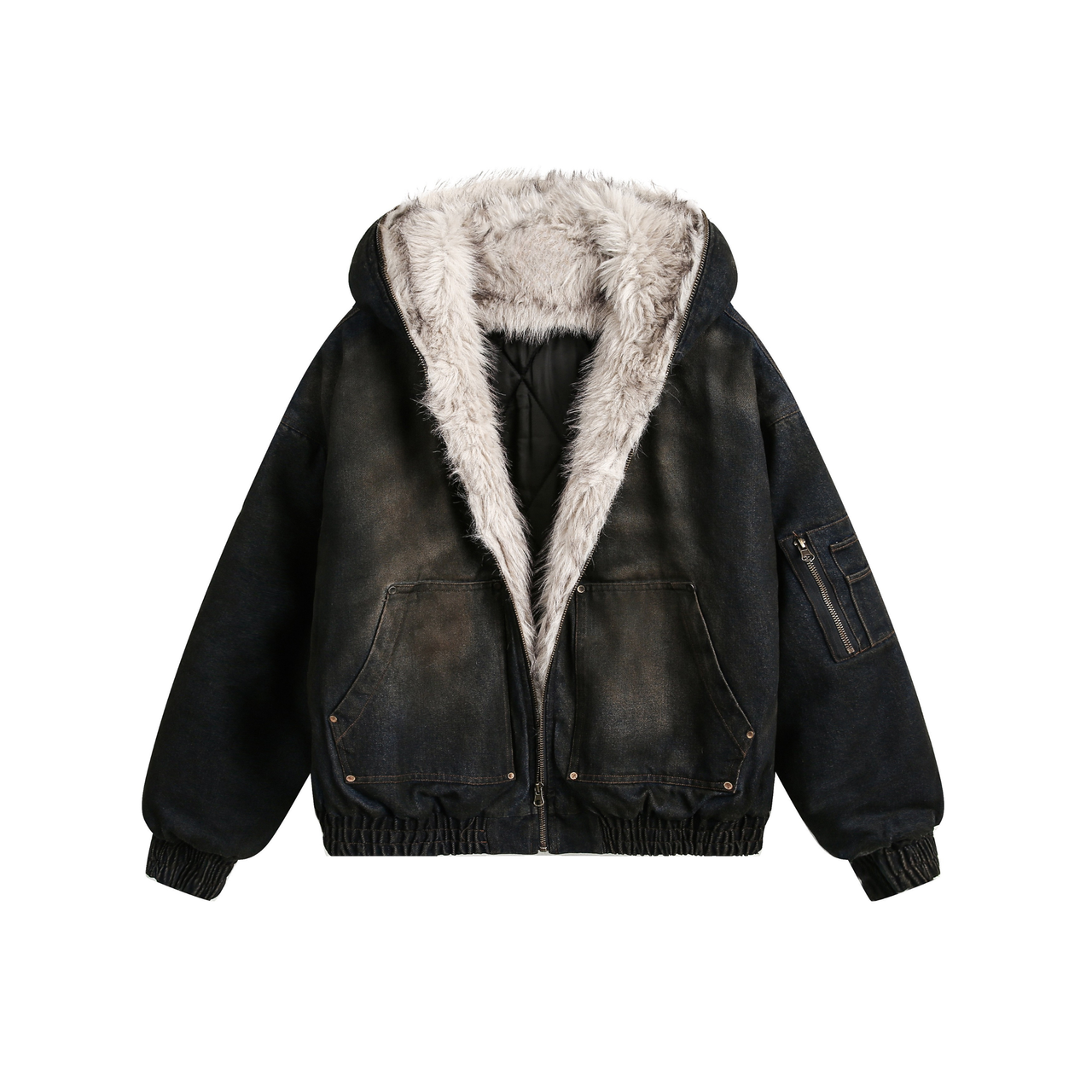 Omirad Fur-Lined Washed Hooded Bomber Jacket