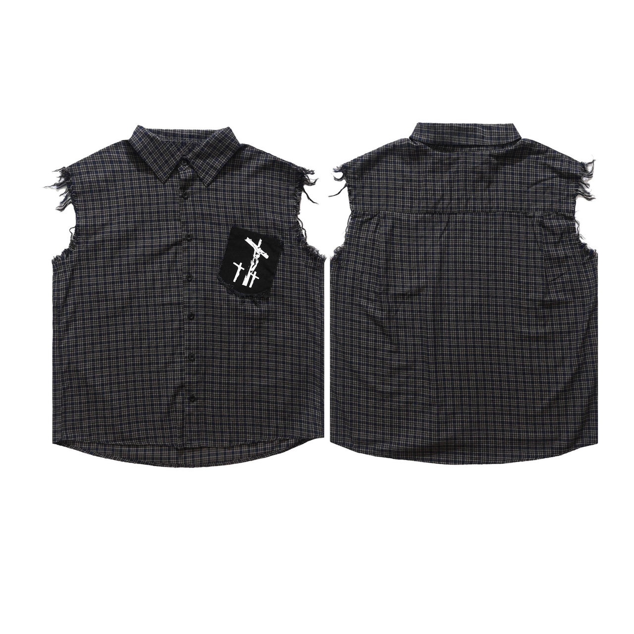 Omirad Raw-Edge Plaid Sleeveless Cotton Shirt