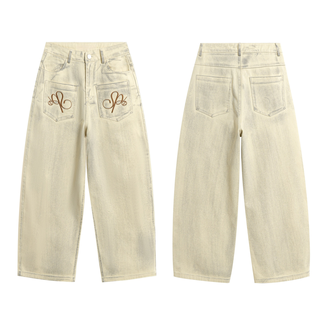 Omirad Embroidered Pocket Wide-Leg Denim Pants