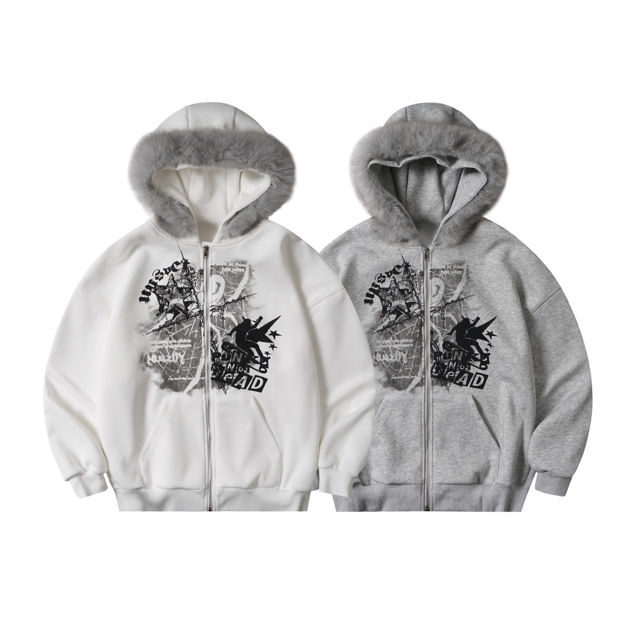 Omirad Faux Fur Trim Graphic Zip-Up Hoodie