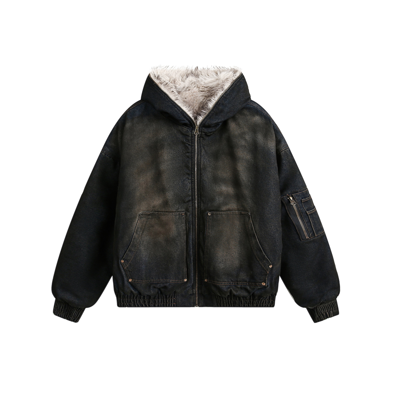 Omirad Fur-Lined Washed Hooded Bomber Jacket