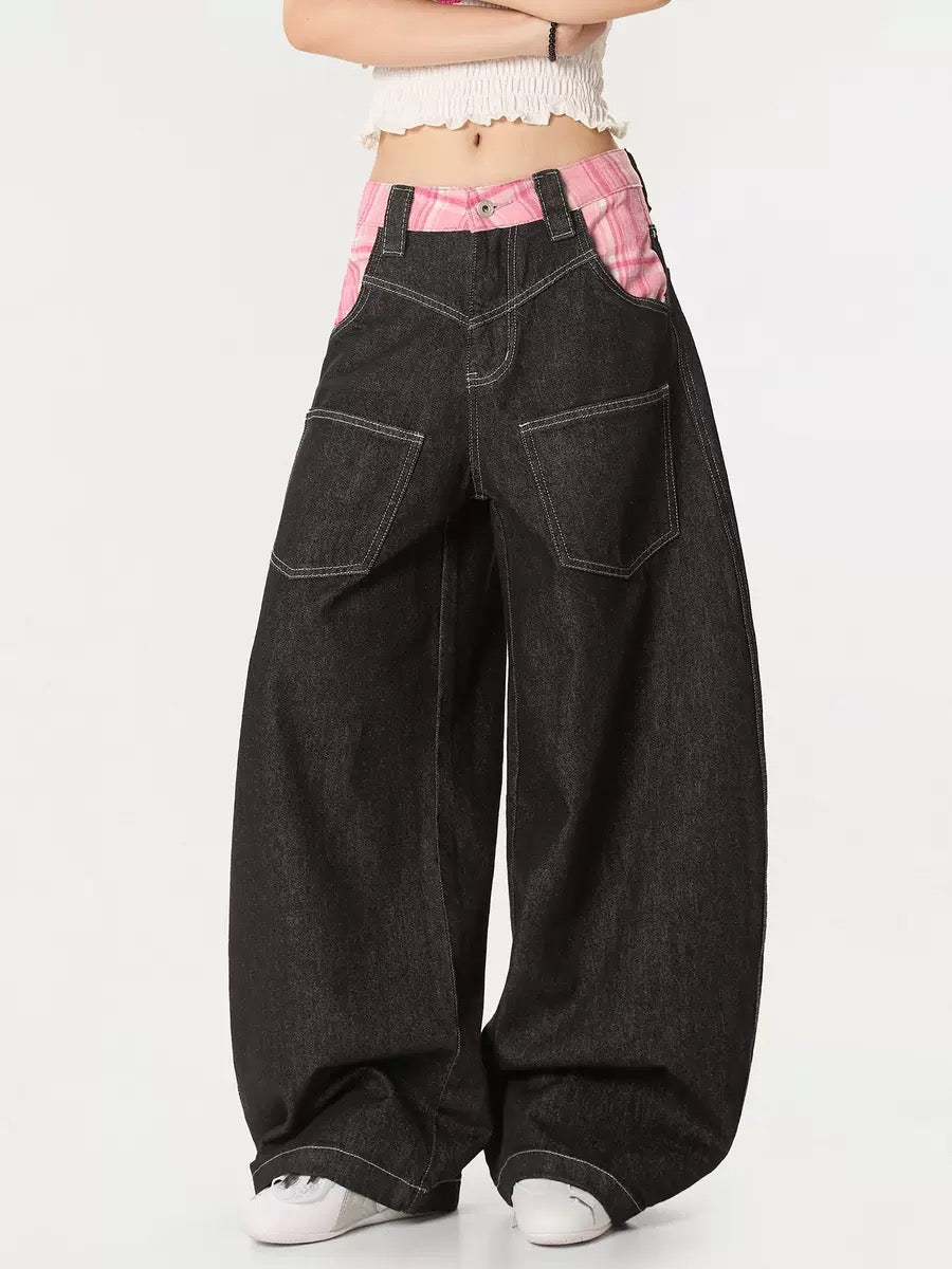 American Vintage Plaid Patchwork Jeans