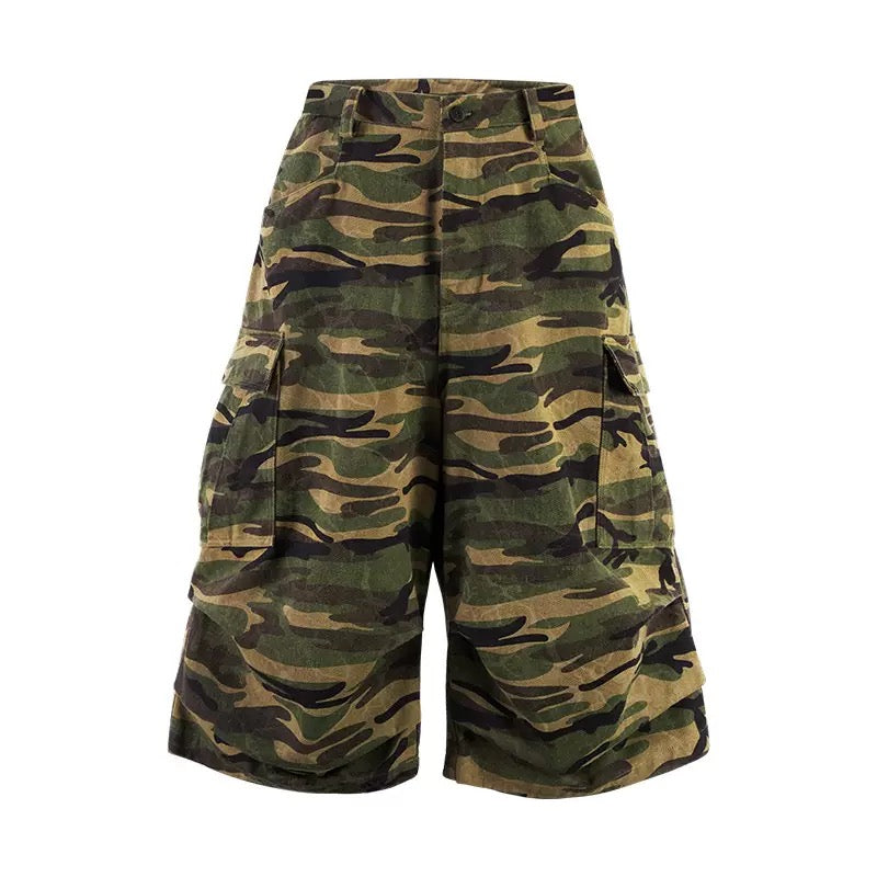 American Streetwear Wide-Leg Camouflage Shorts