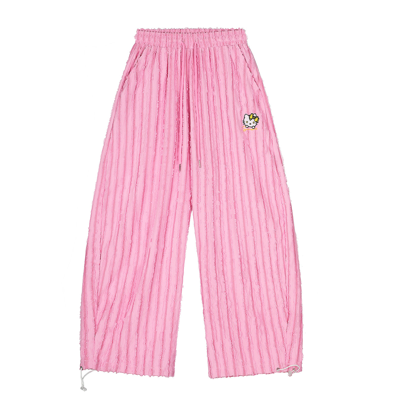 Pink Striped Kitty Cat Embroidered Casual Pants