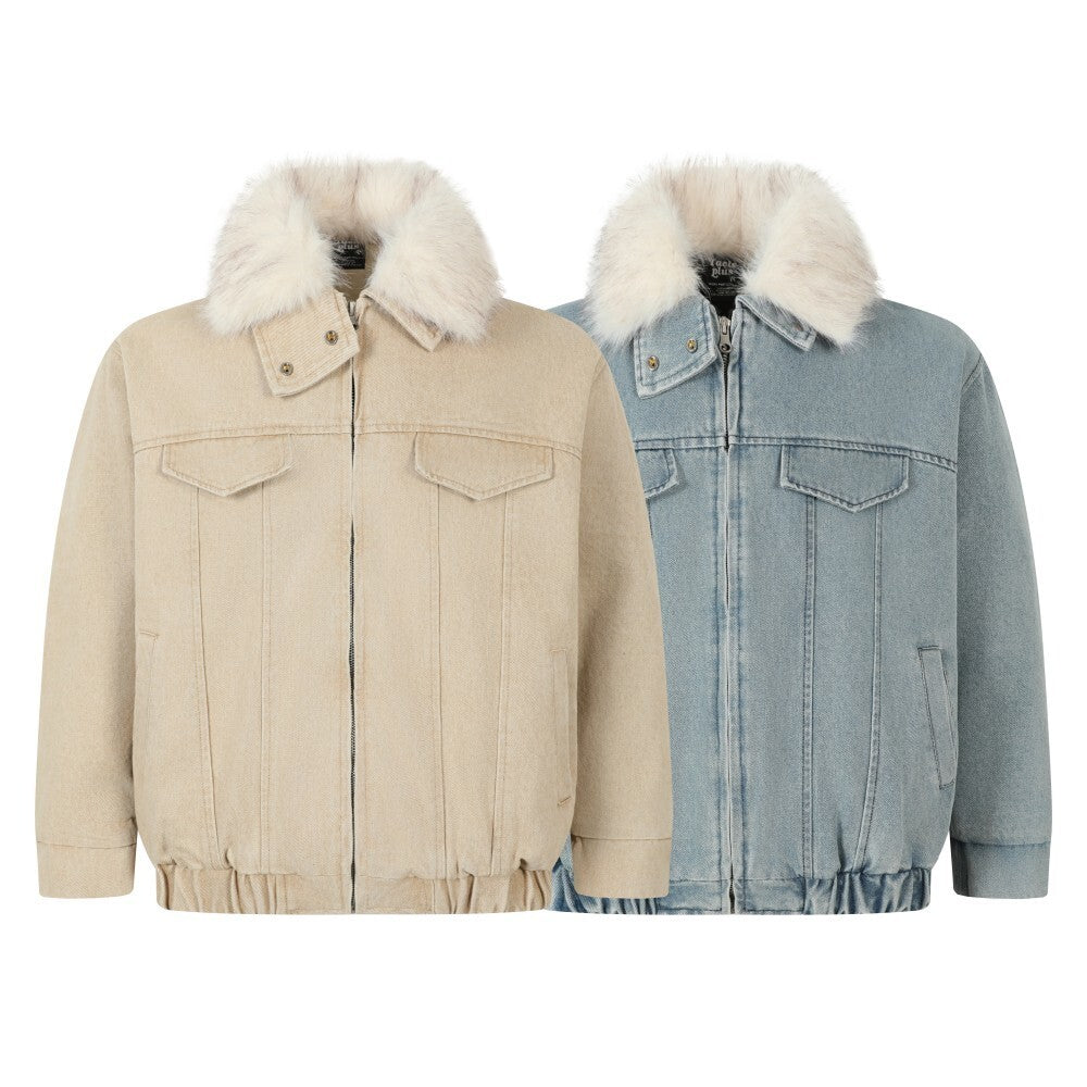 High-Street Detachable Fur Collar Washed Denim Padded Jacket