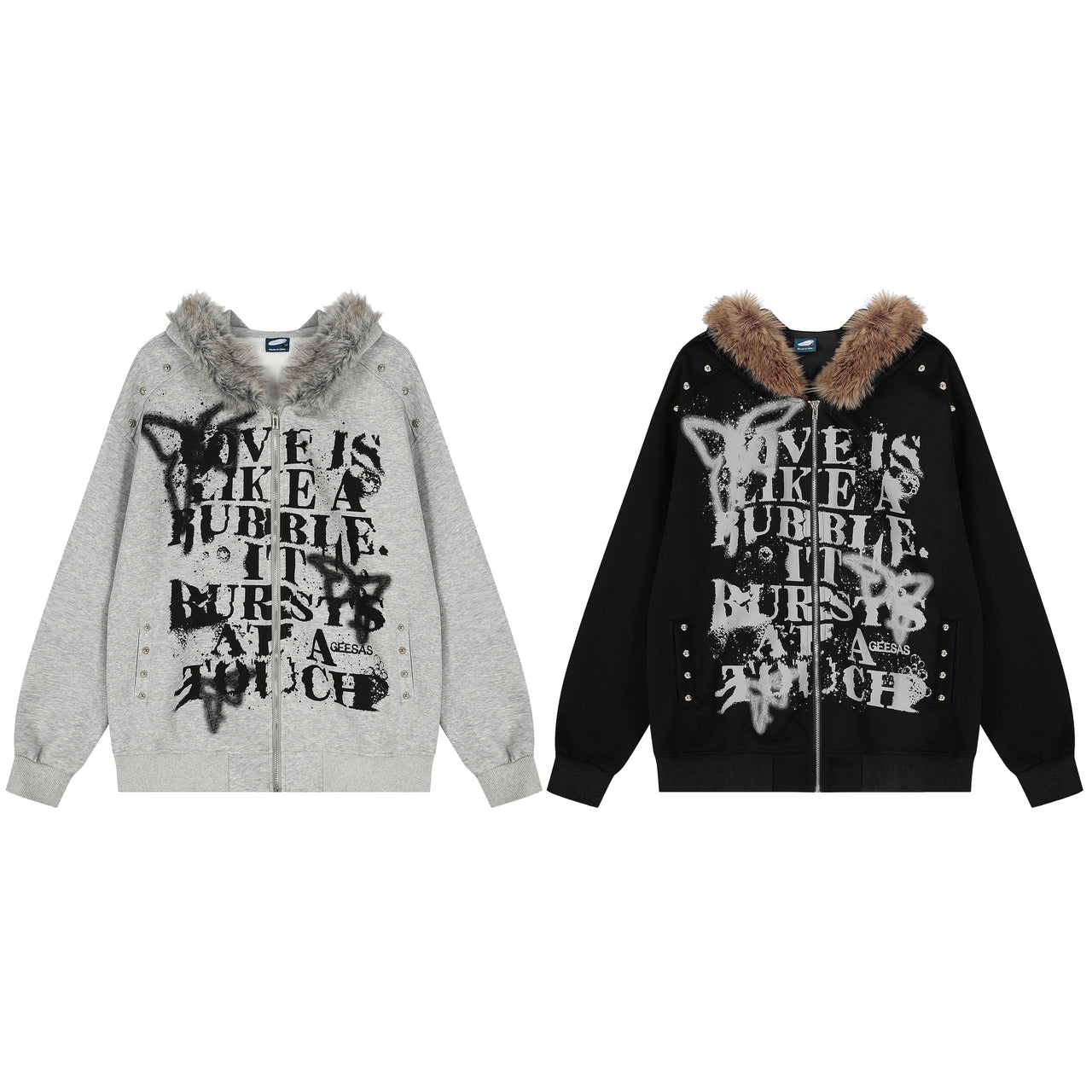 American Streetwear Zippered with Faux Fur Collar Hoodie