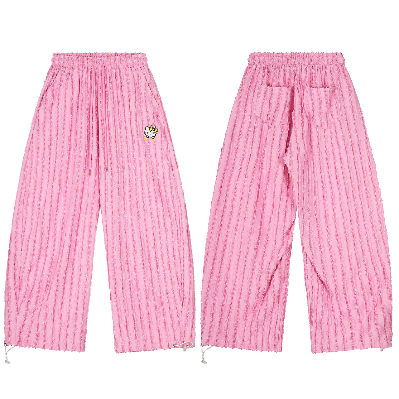 Pink Striped Kitty Cat Embroidered Casual Pants