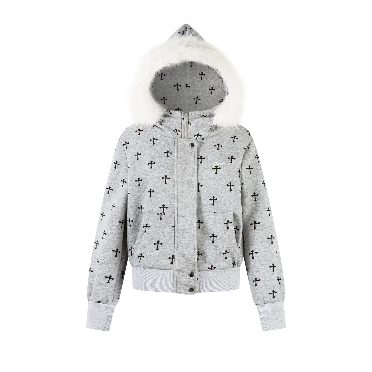 Vintage American All-Over Cross Print Fur-Collar Hoodie