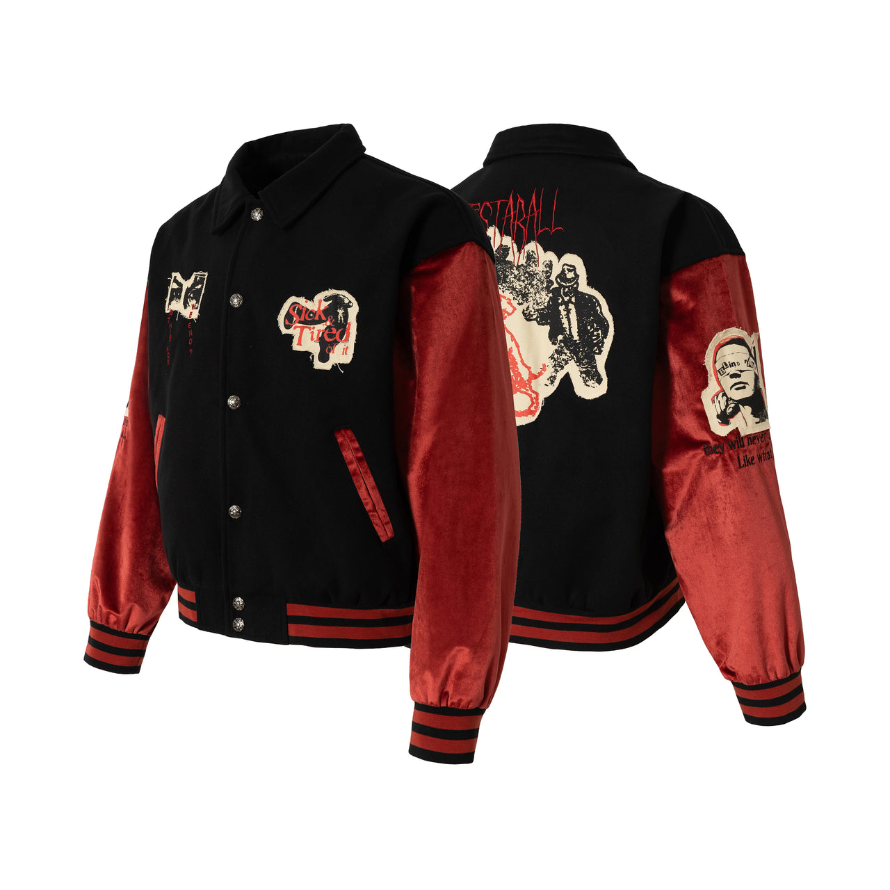 American Vintage Red and Black Color Block Bomber Jacket