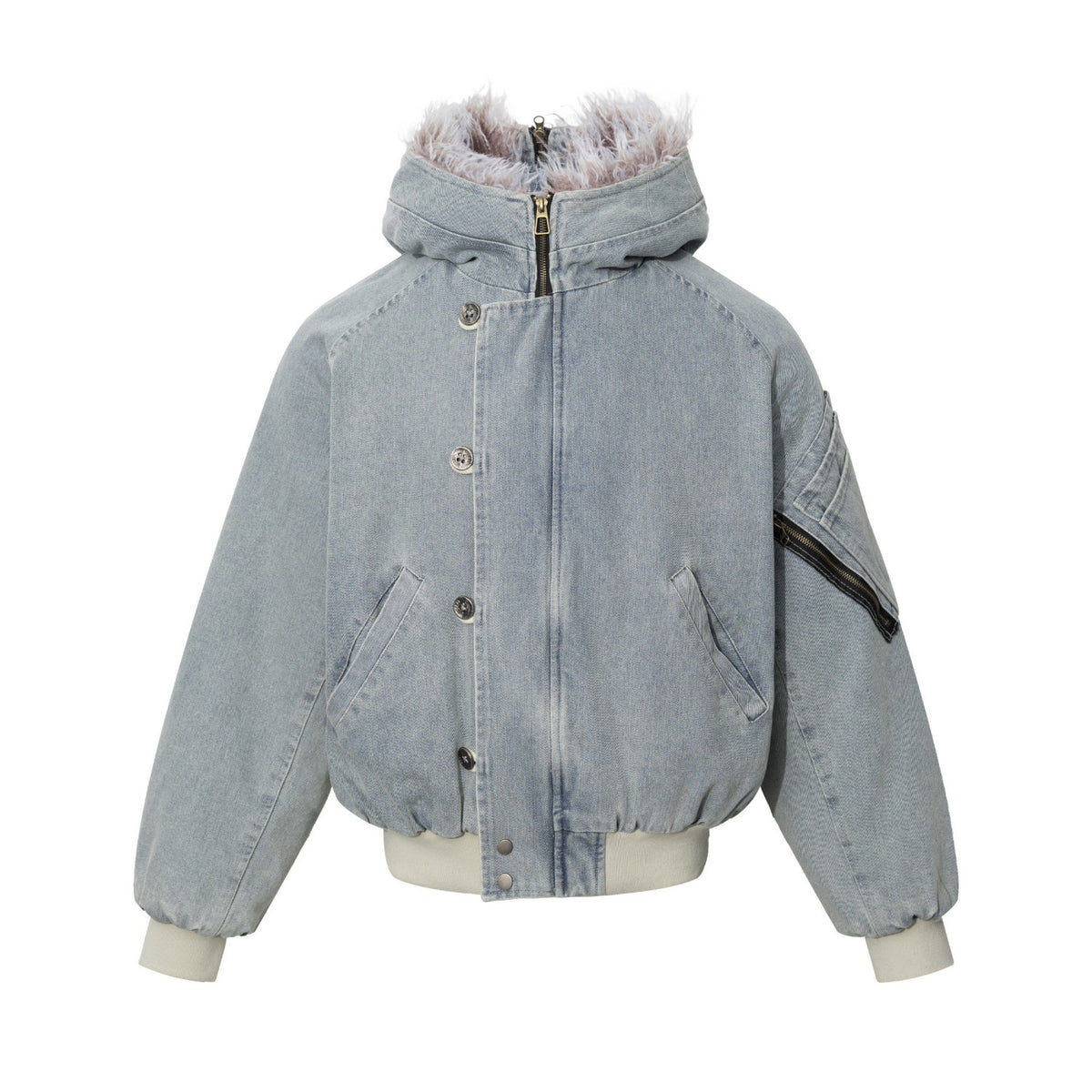 Omirad Faux Fur Collar Washed Denim Bomber Jacket