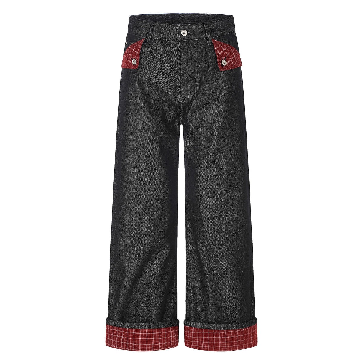 Omirad Plaid Panel Cuff Wide-Leg Jeans
