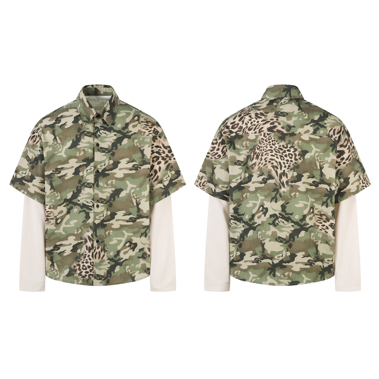 Omirad Layered Camo-Leopard Short-Sleeve Shirt