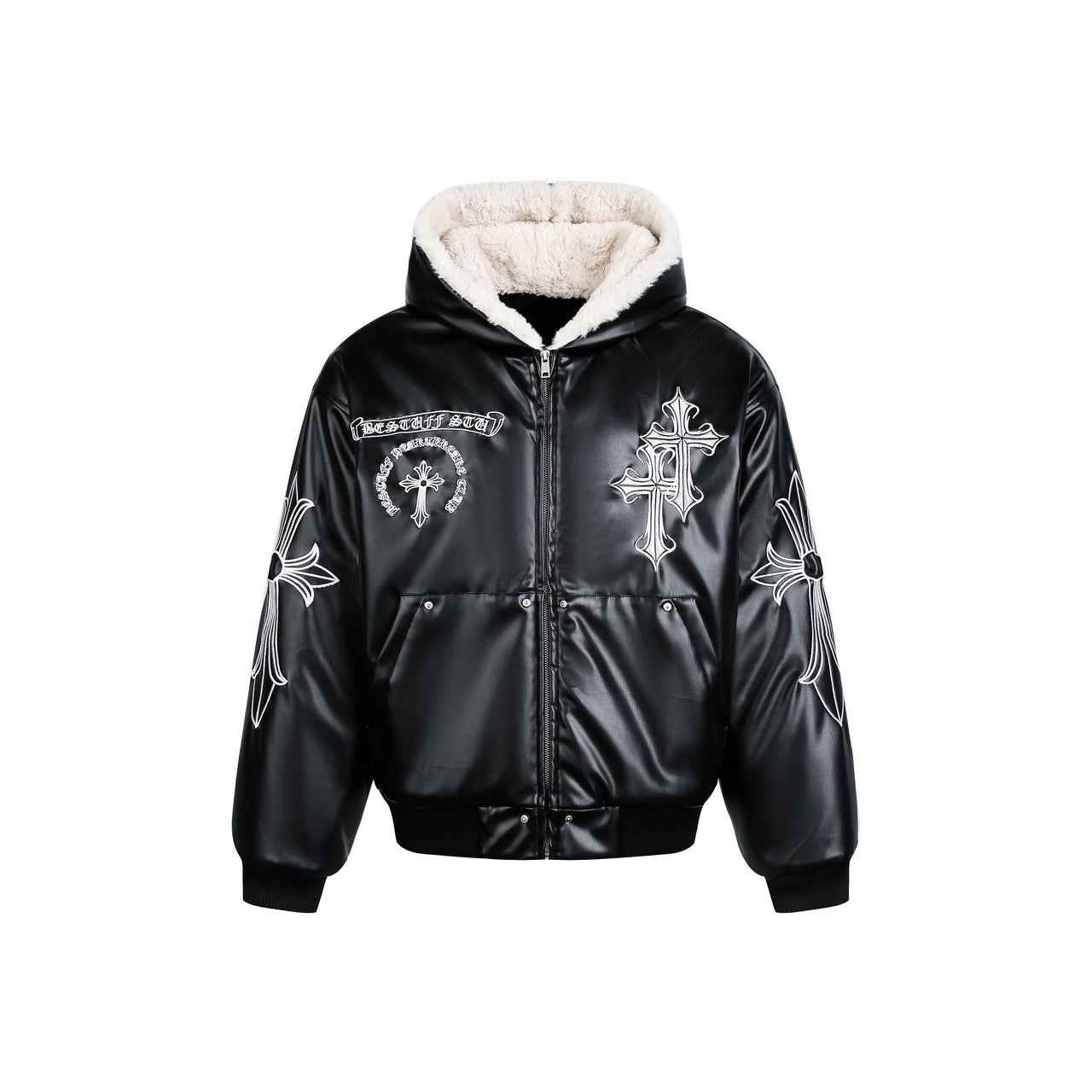 Omirad Faux Leather Cross Embroidered Jacket