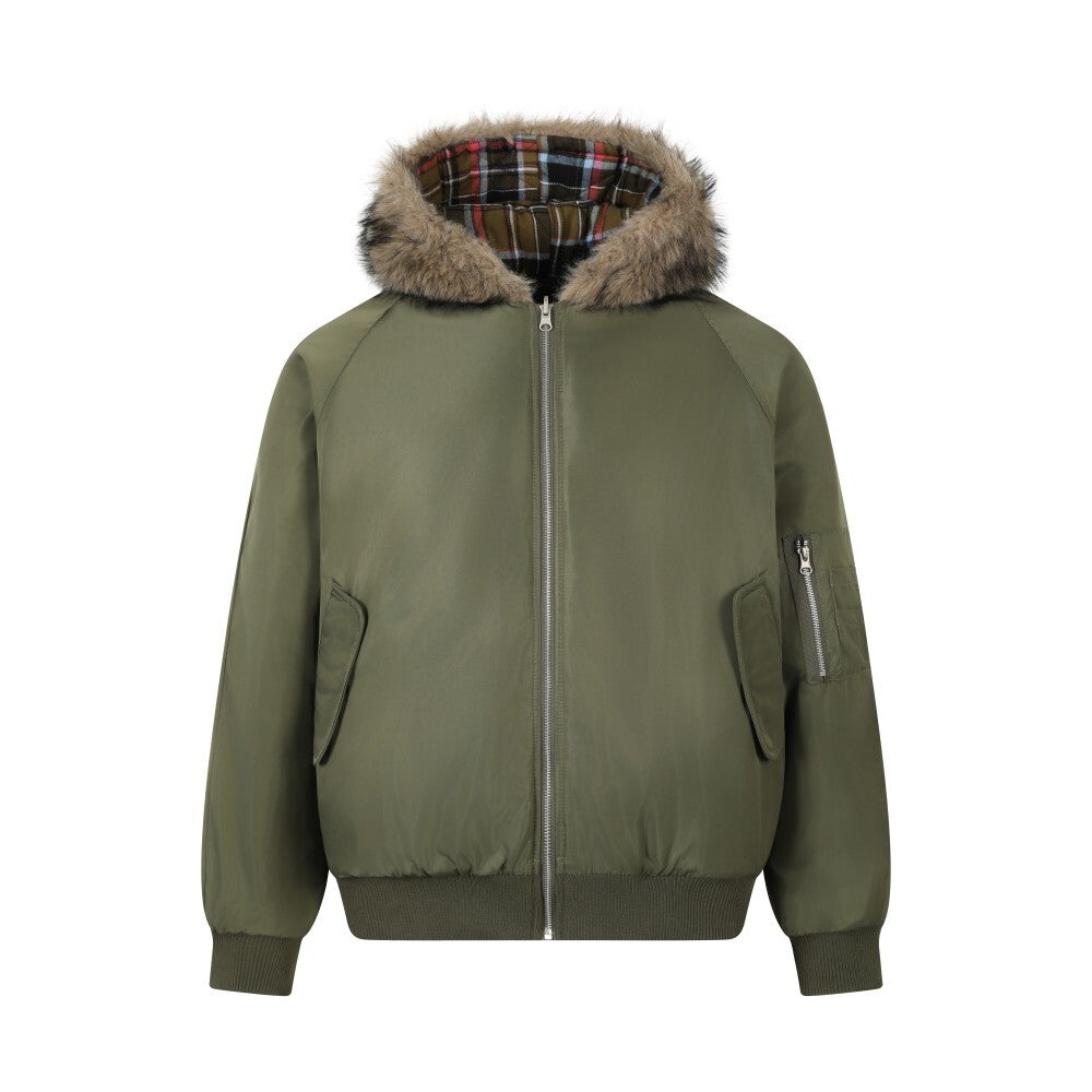 Vintage American Reversible Plaid Fur-Collar Padded Jacket