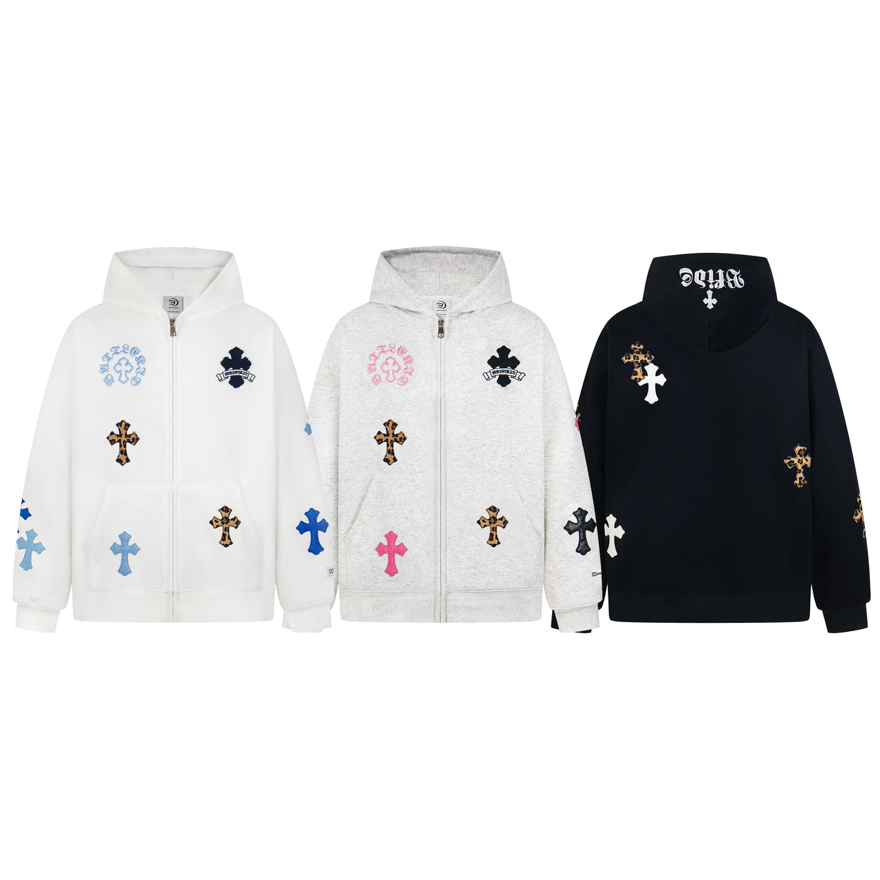Streetwear Leopard & Sanskrit Color-Block Cross Appliqué Hoodie