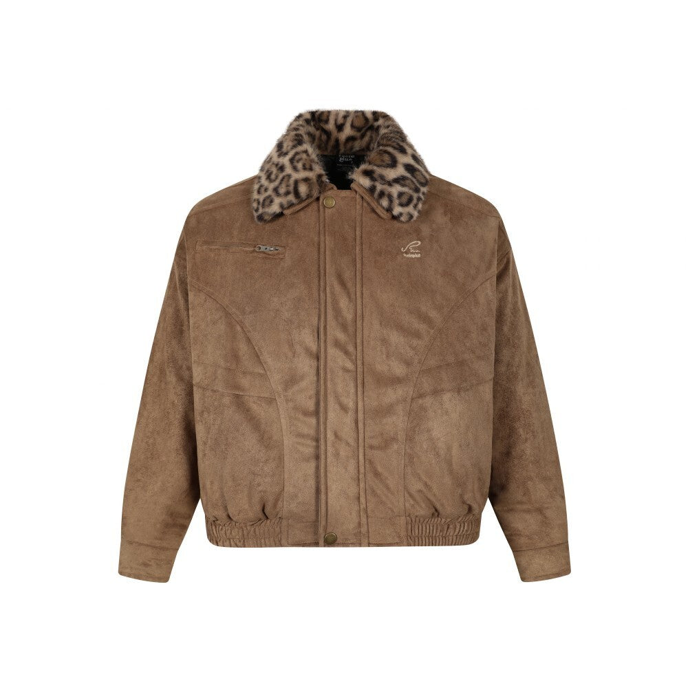 Retro American Faux Leopard Detachable Collar Quilted Jacket