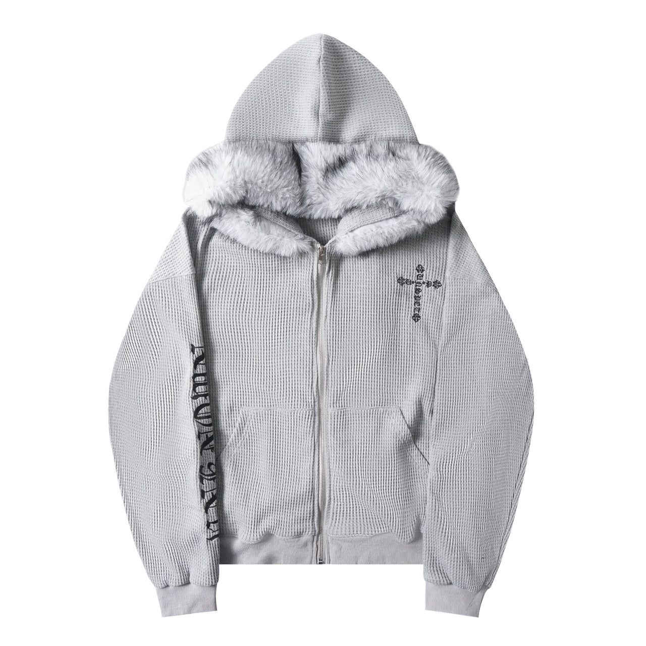 Retro American Faux Fur Collar Embroidered Zip Hoodie