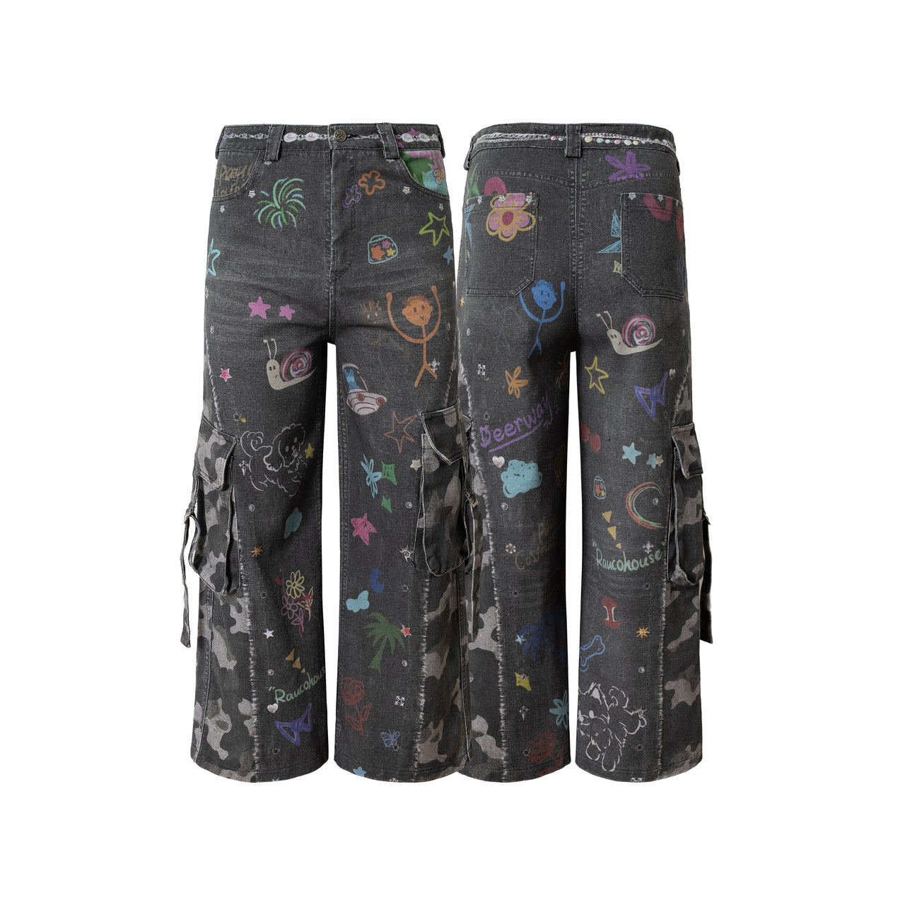 Graffiti Print Cold Transfer Camouflage Layer Cargo Jeans