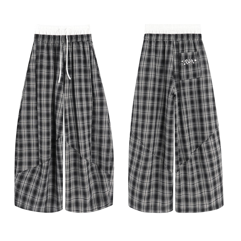 Vintage Color-Block Lazy Plaid Wide-Leg Pants