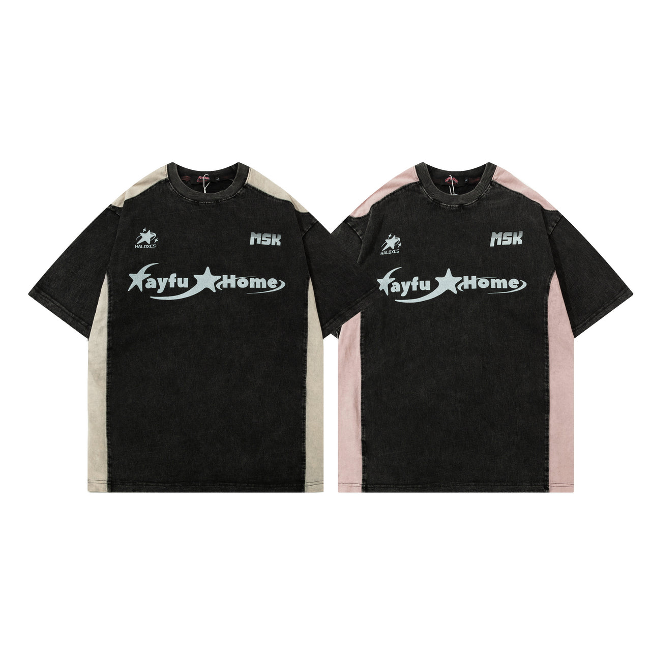American Streetwear Color-Block Washed Vintage Tee