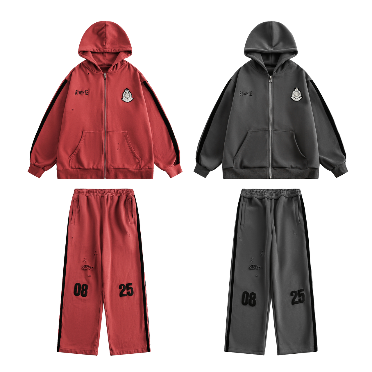 Distressed Embroidered Hoodie Zip-Up Set
