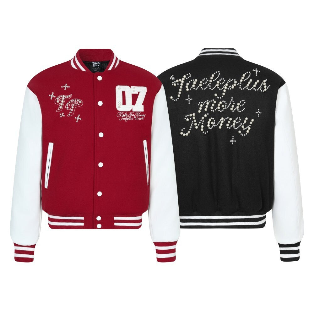Vintage American Color-Block Pearl-Studded Varsity Padded Jacket