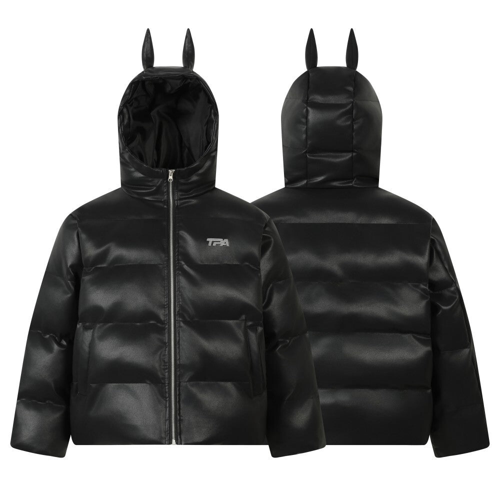 American Streetwear Doberman Devil-Ear Faux Leather Puffer Jacket