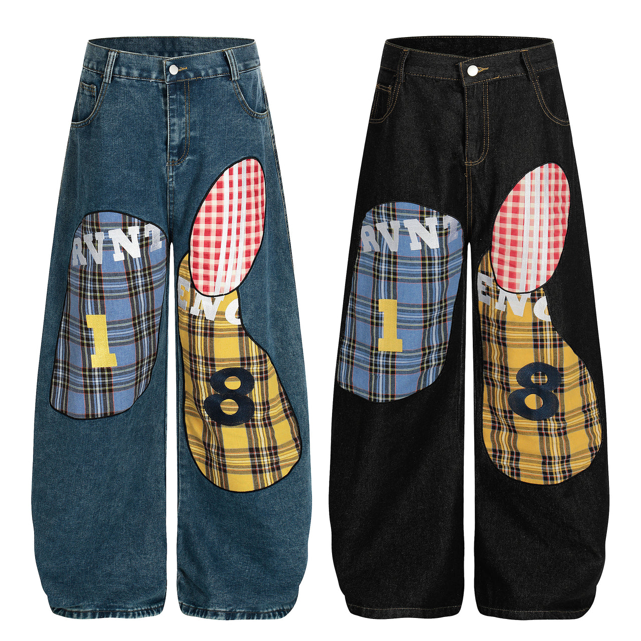 American Streetwear Plaid Patchwork Jeans