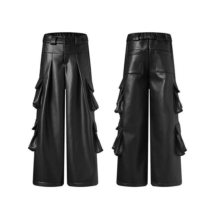 American High-Street Multi-Pocket Cargo Leather Pants