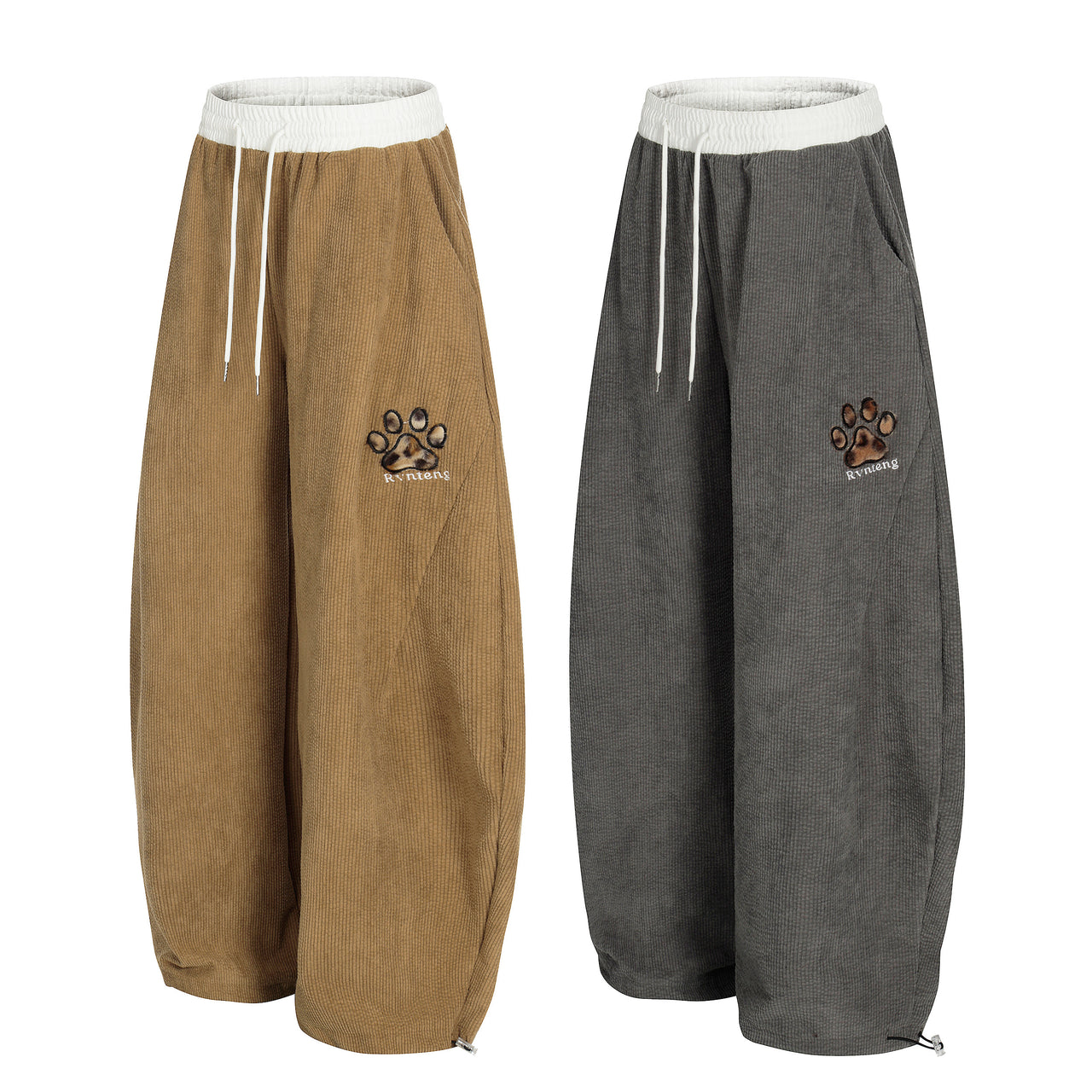 Streetwear Paw-Pattern Corduroy Curved-Cut Pants