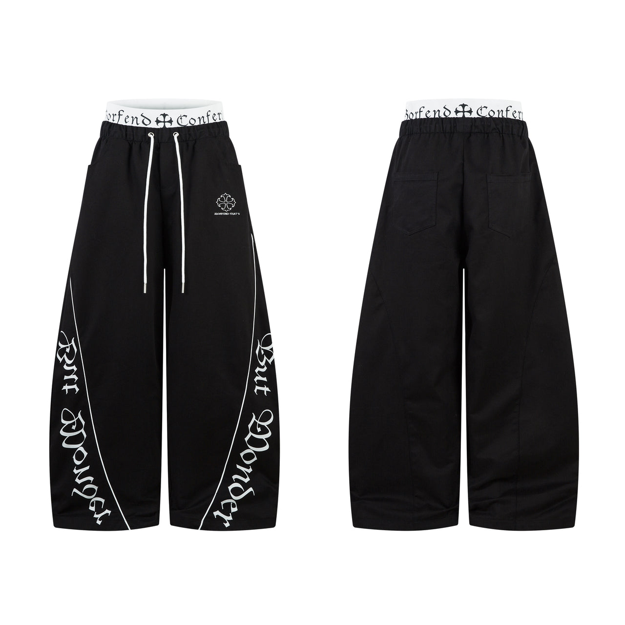 Streetwear Double-Waistband Gothic Typography Scimitar Pants