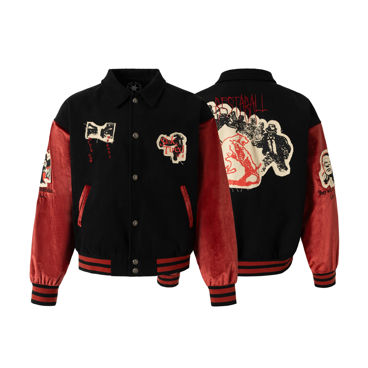 American Vintage Red and Black Color Block Bomber Jacket