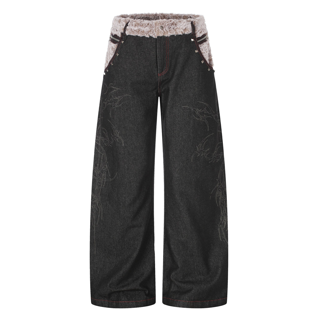 Omirad Faux-Fur Waist Graphic Wide-Leg Jeans