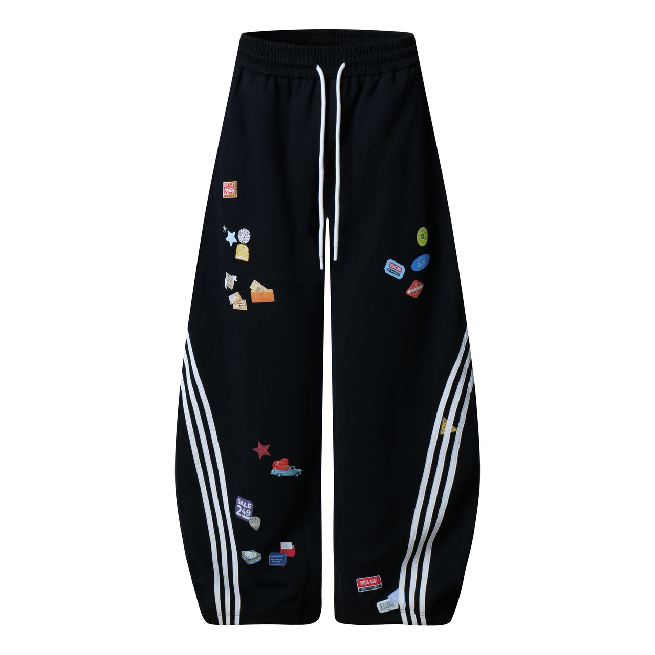 Streetwear Triple-Stripe Print Curved-Cut Casual Pants