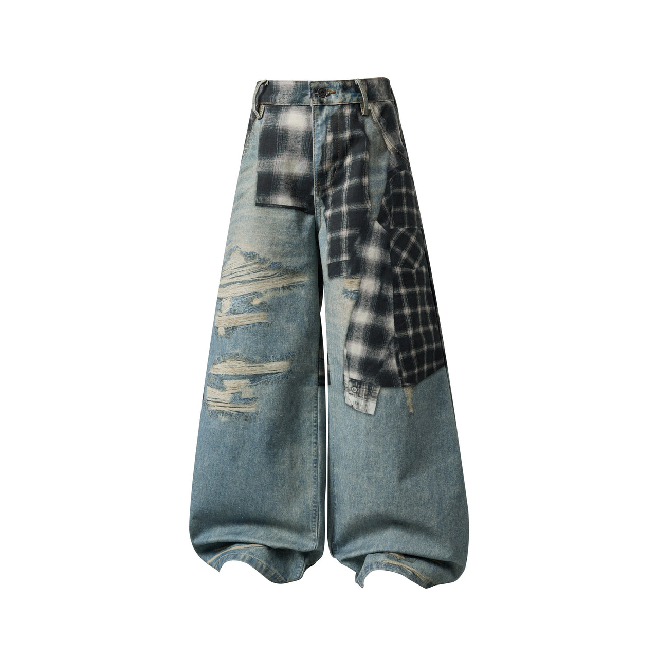 Omirad “Layered Flannel Patchwork Balloon Jeans”