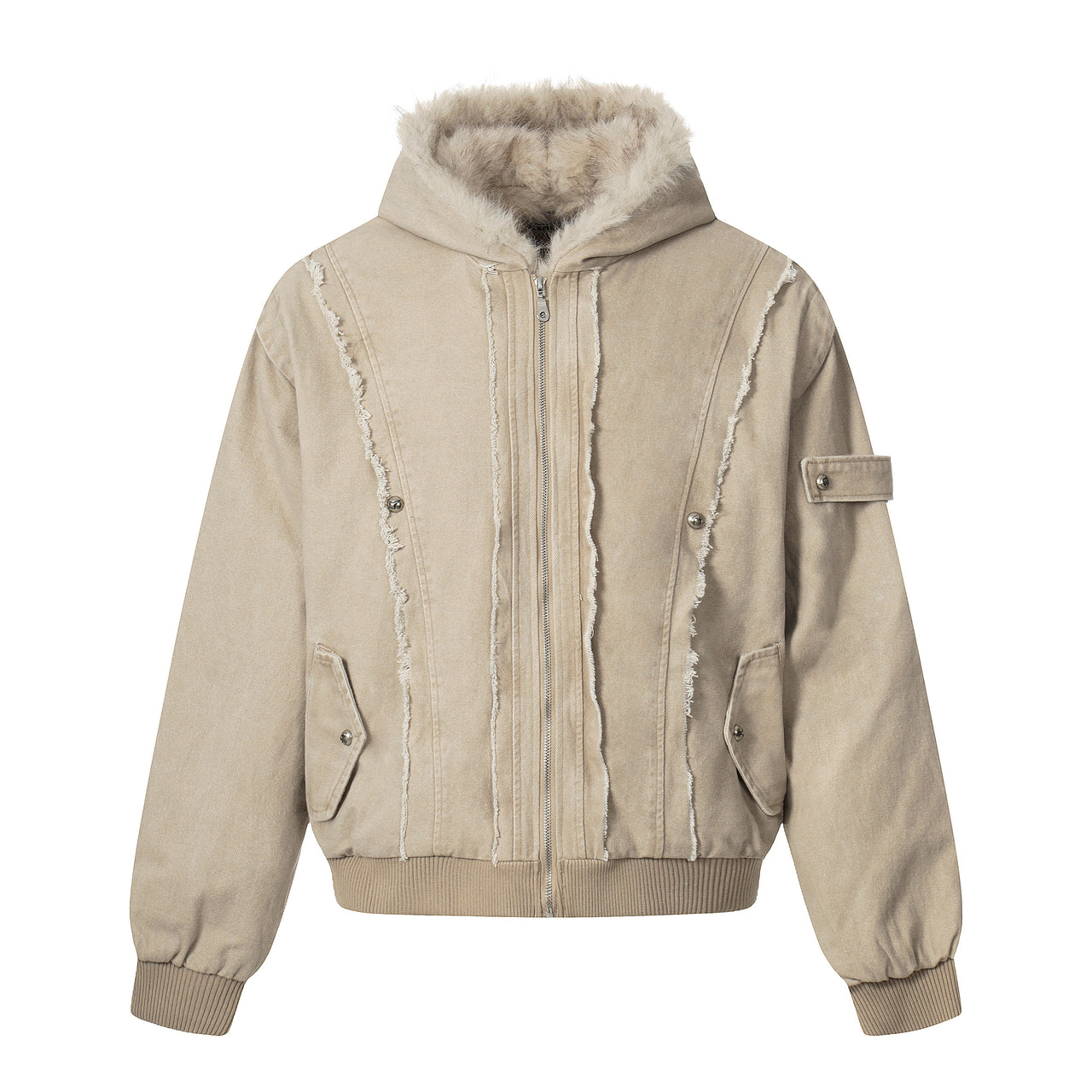 Vintage Washed Raw-Edge Shearling-Collar Hooded Jacket