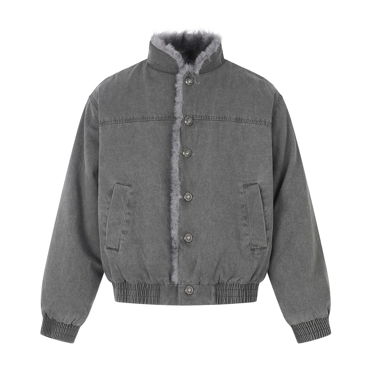 Omirad Faux Fur Trim Washed Button Bomber Jacket