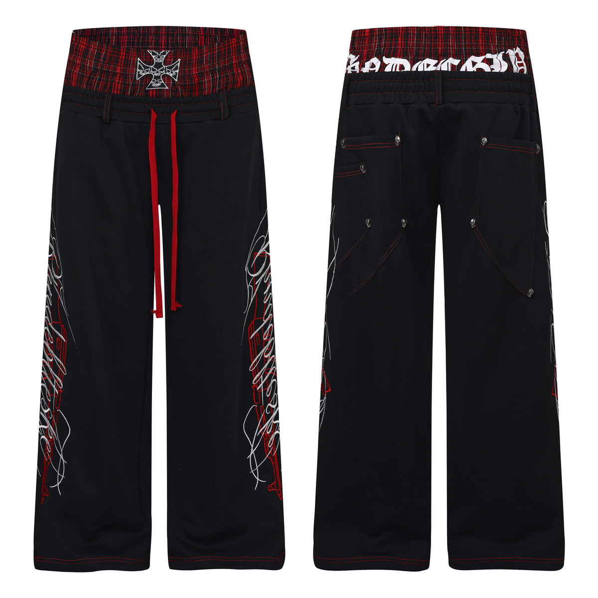 Omirad Plaid Layer Graphic Wide-Leg Pants