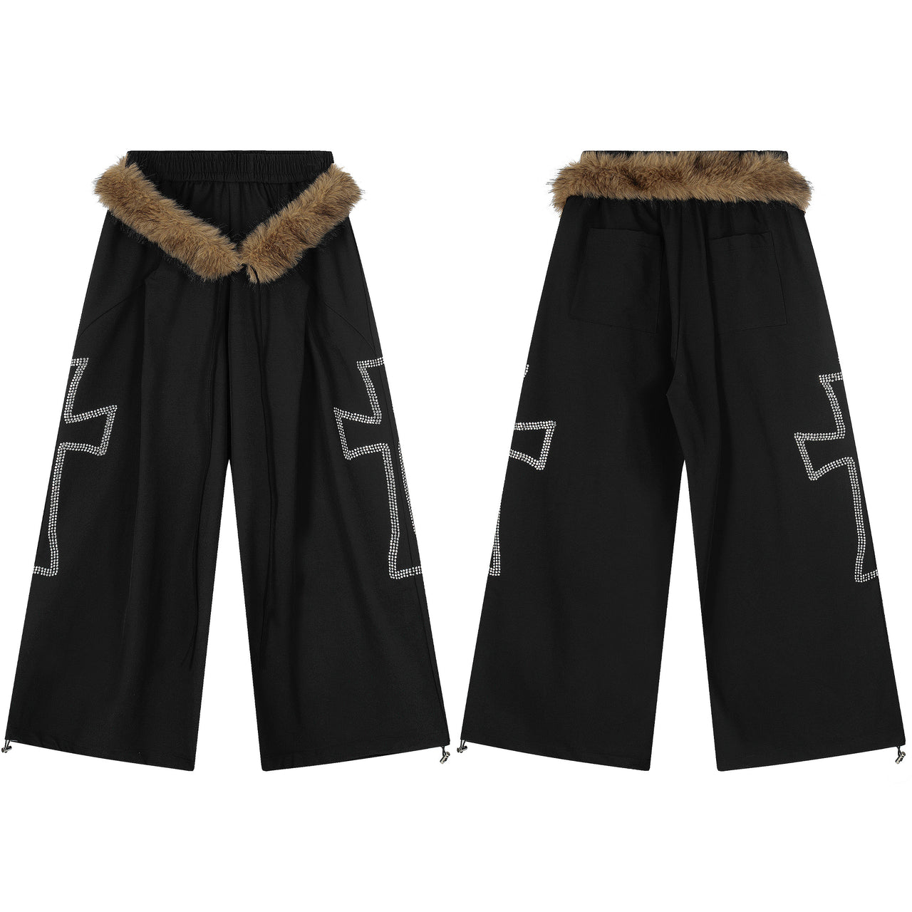 High-Street Detachable Faux-Fur Trim Rhinestone Cross Casual Pants