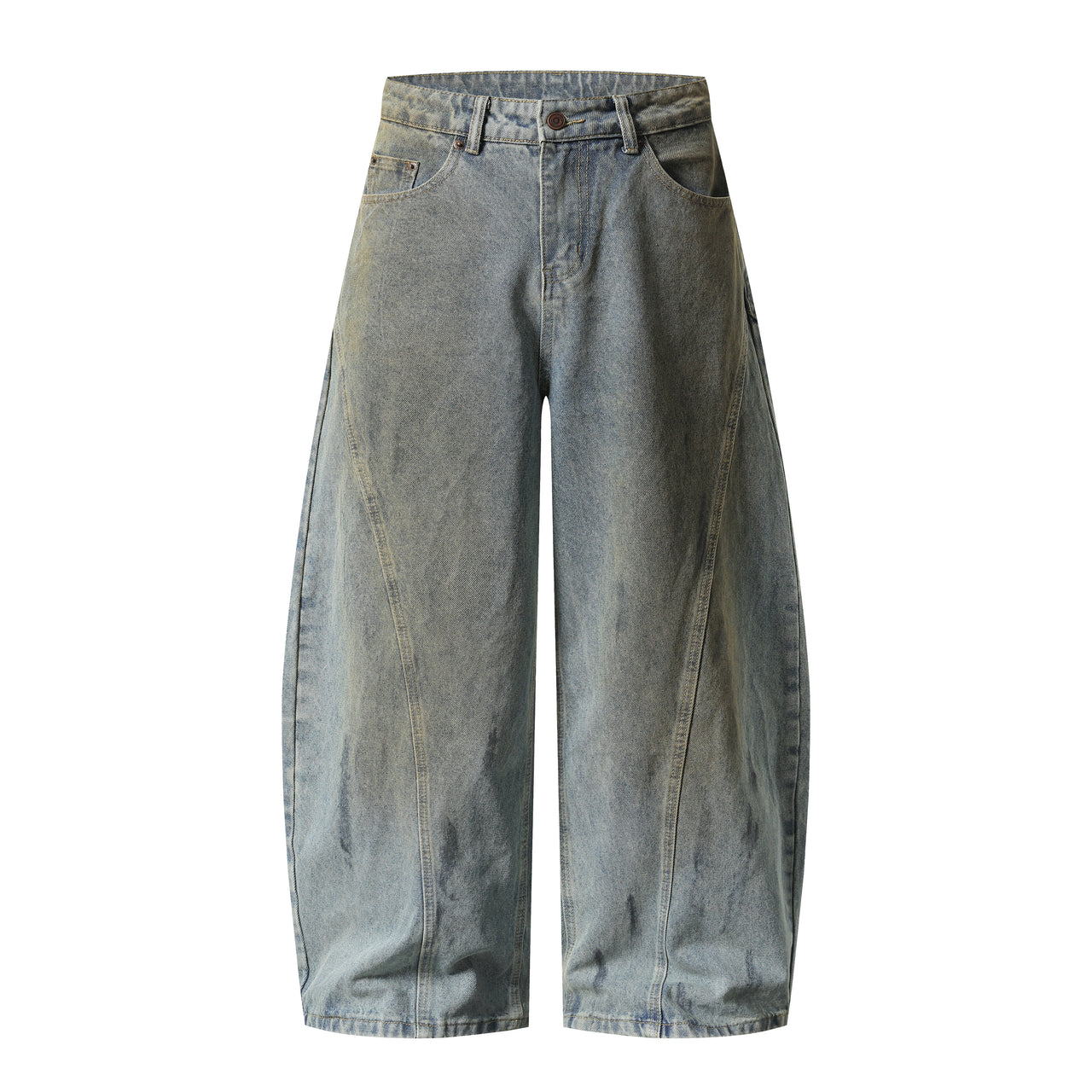 Streetwear Dirty Wash Patchwork Curved Jeans