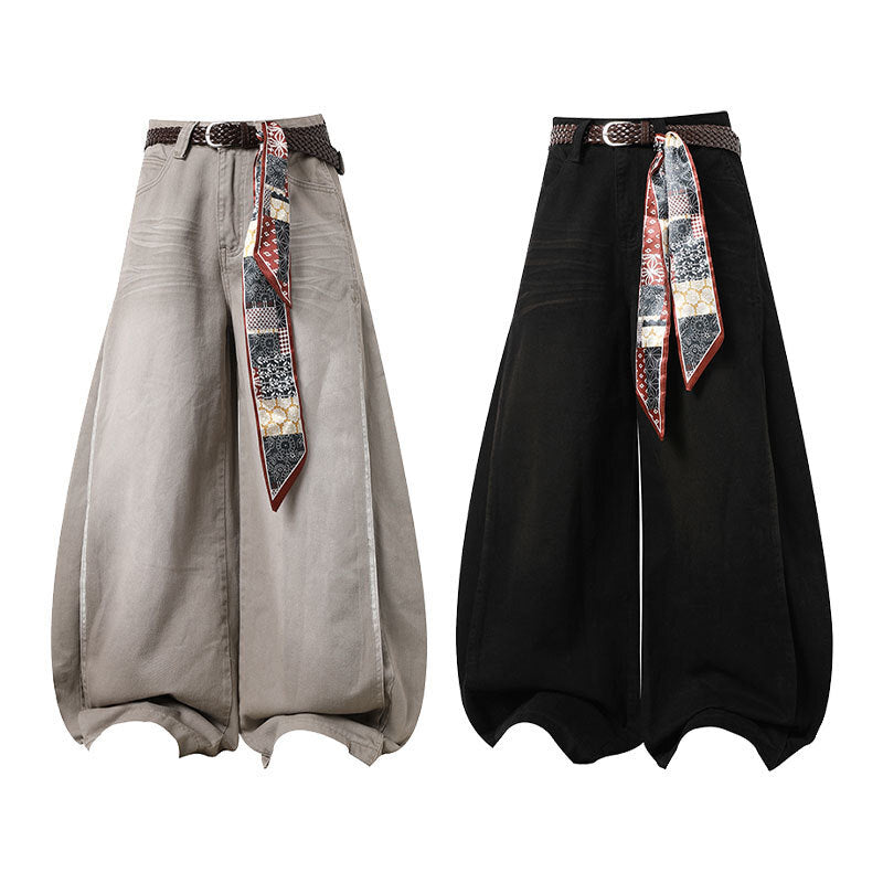 Vintage-Inspired Paisley-Belted Cargo Jeans
